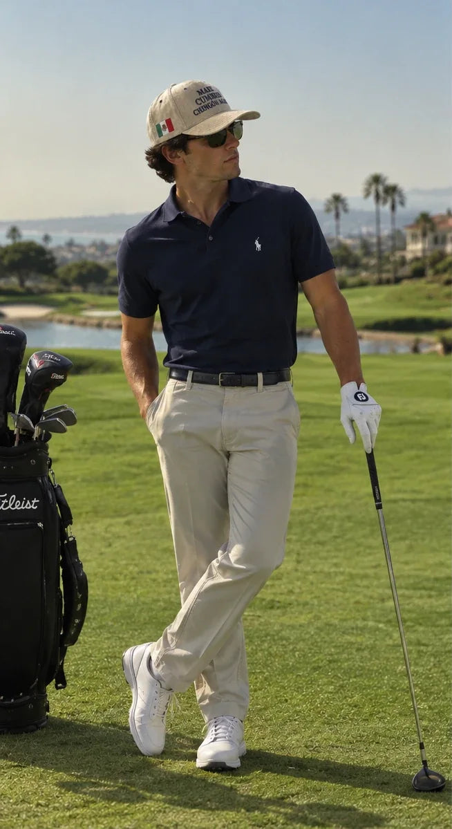 Hombre con la gorra Optimates, polo azul marino y pantalón claro, recargado en un palo de golf en el campo